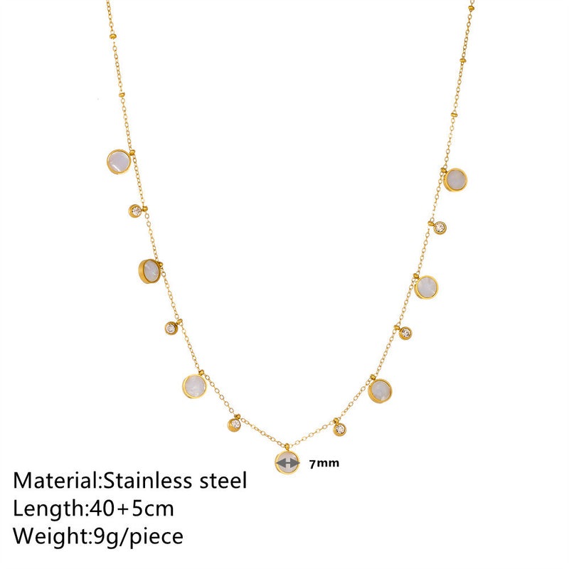 simple style round titanium steel plating inlay rhinestones shell 18k gold plated pendant necklace By Trendy Jewels