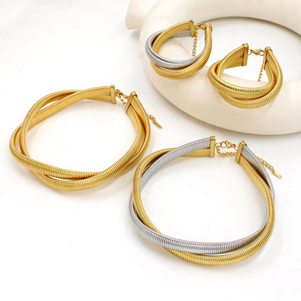 retro simple style geometric stainless steel 18k gold plated bracelets necklace jewelry set By Trendy Jewels