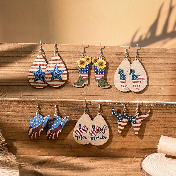 1 Pair Casual Bohemian Cattle American Flag Horse Printing Wood Drop Earrings By Trendy Jewels