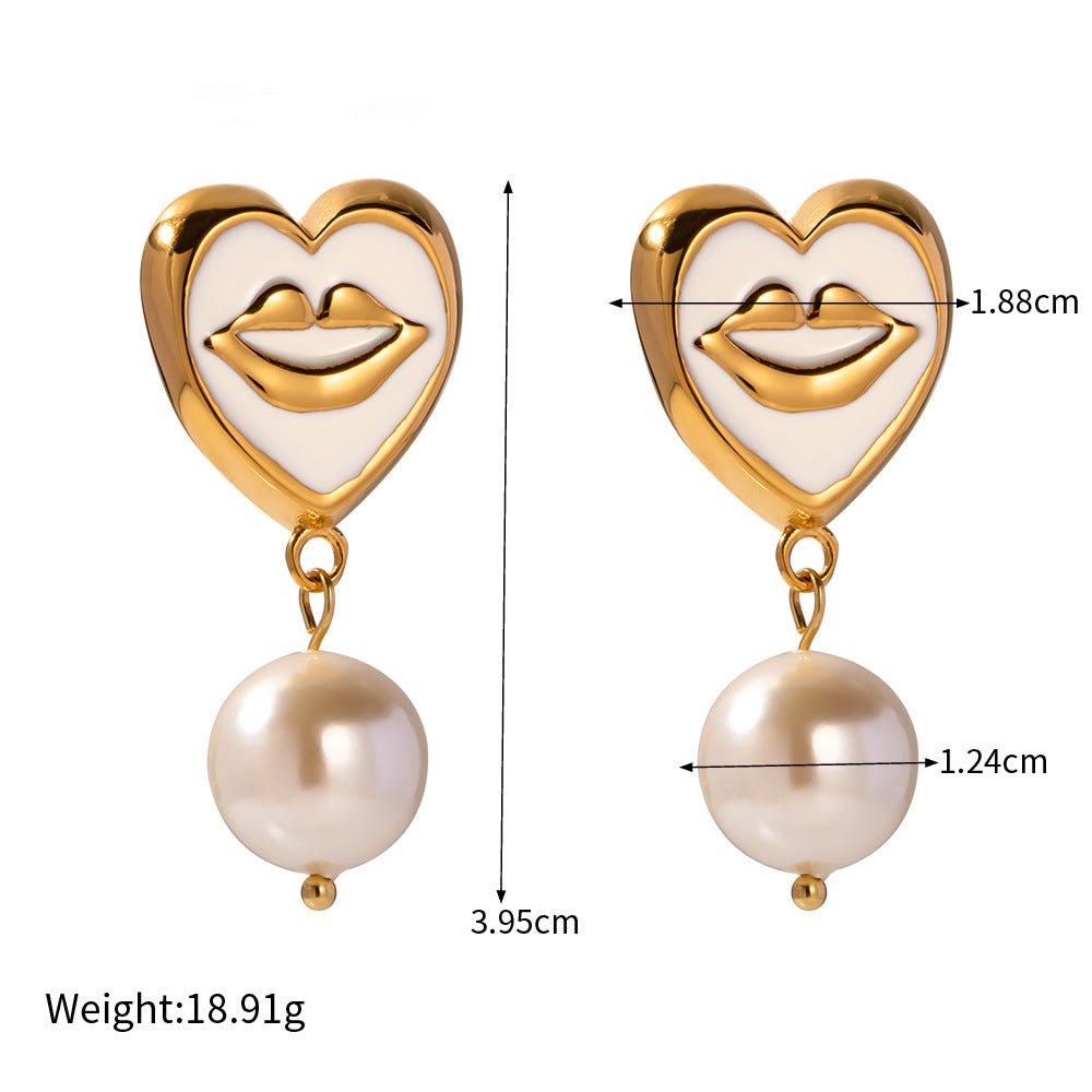 romantic lips heart shape stainless steel enamel plating inlay artificial pearls 18k gold plated earrings necklace By Trendy Jewels