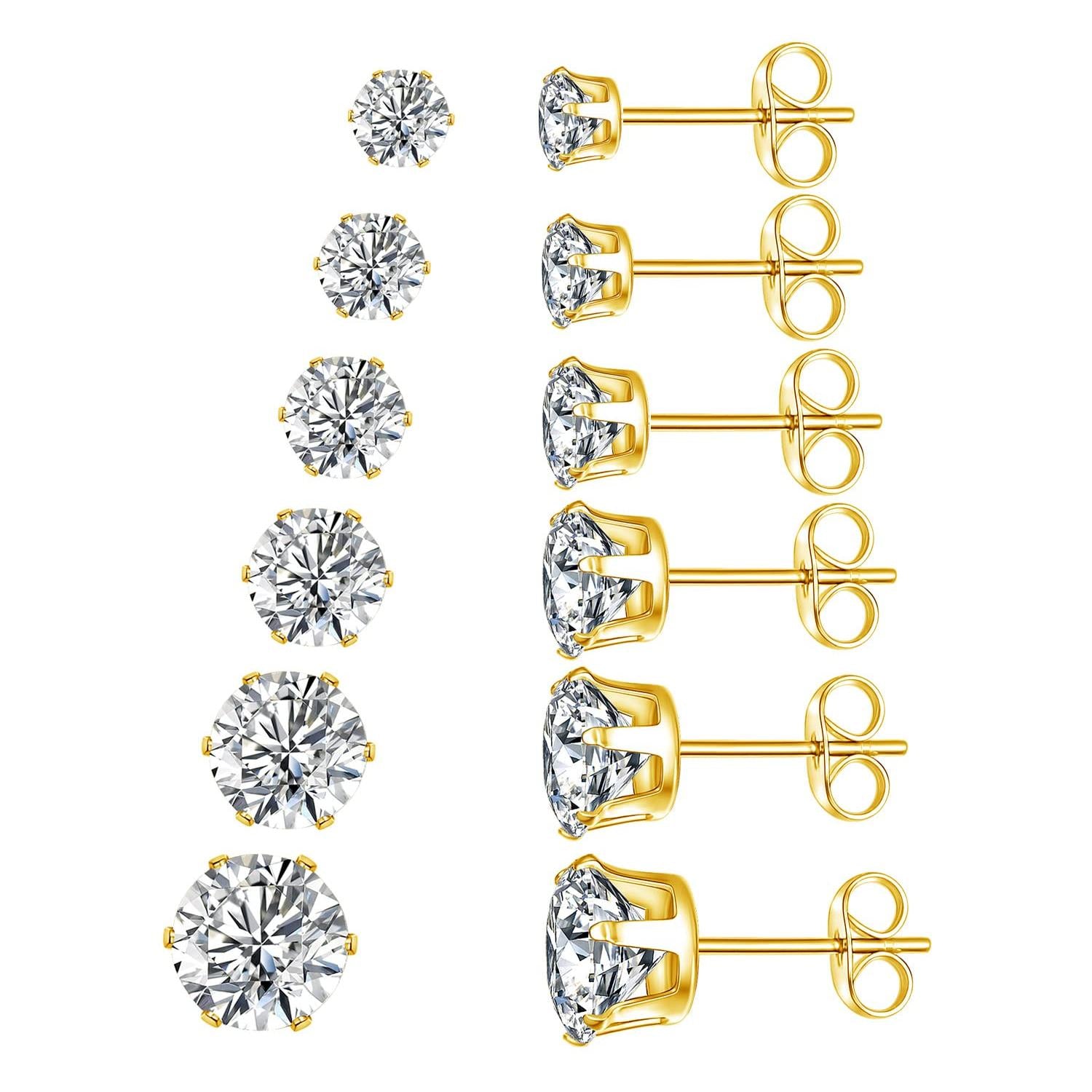 6 Pairs Simple Style Round Inlay Stainless Steel Zircon 18K Gold Plated Ear Studs By Trendy Jewels