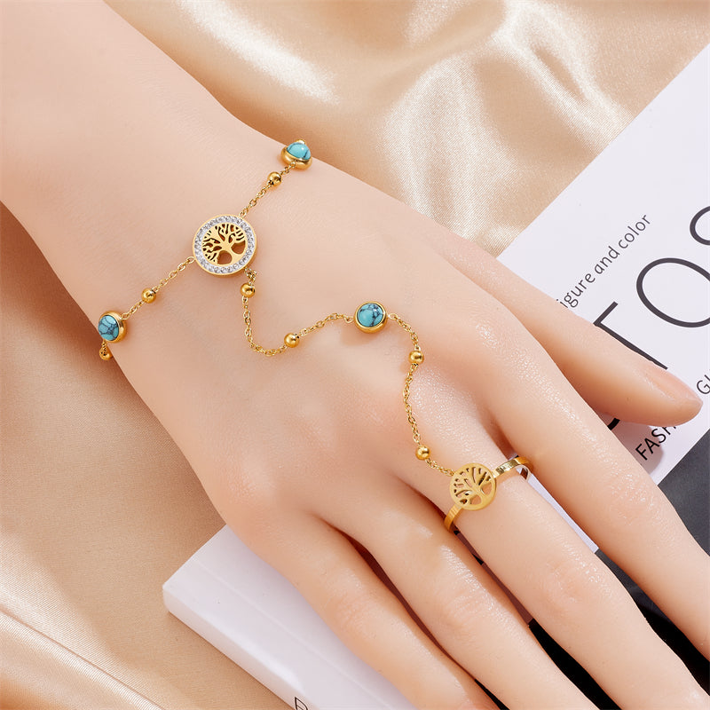 Titanium Steel 18K Gold Plated Vintage Style Hollow Out Inlay Life Tree Turquoise Bracelets By Trendy Jewels
