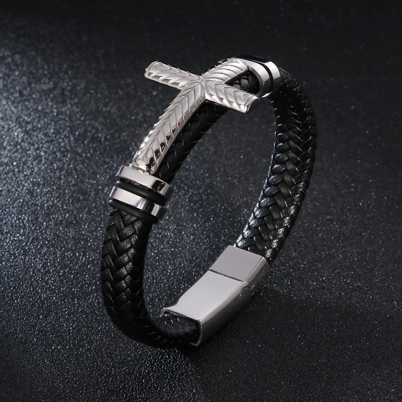 fashion cross rectangle stainless steel pu leather braid unisex bracelets By Trendy Jewels