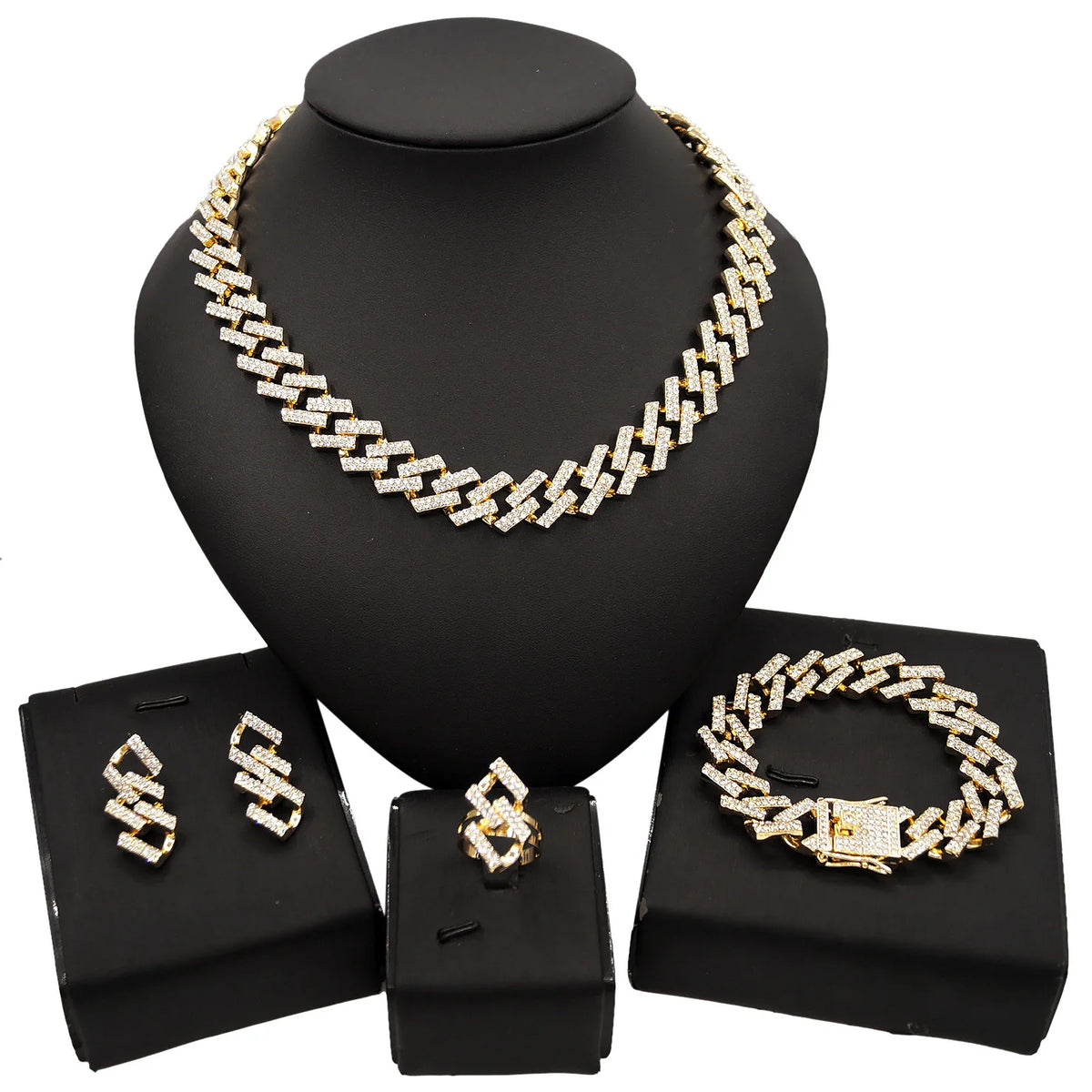 Hip Hop Style Cuban Chain Gypsophila Jewelry Sets Women's Cuban Necklace Bracelet Earring Ring Four Pc Jewelry Set By Trendy Jewels