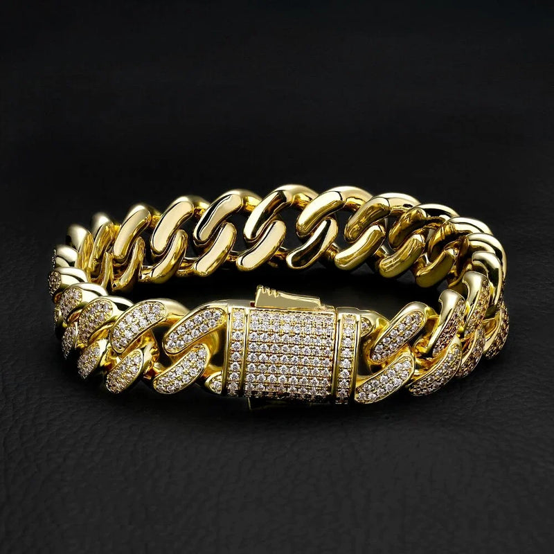 Hip Hop Jewelry Chains 8mm 12mm 15mm 18mm 20mm 14k Gold Diamond Iced Out Cuban Link Bracelet for Mens Women By Trendy Jewels