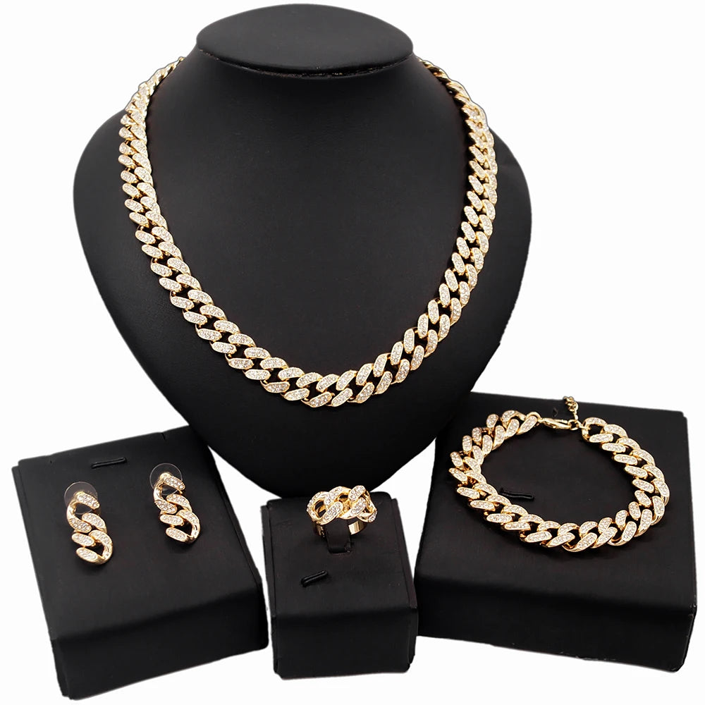 Hip Hop Style Cuban Chain Gypsophila Jewelry Sets Women's Cuban Necklace Bracelet Earring Ring Four Pc Jewelry Set By Trendy Jewels