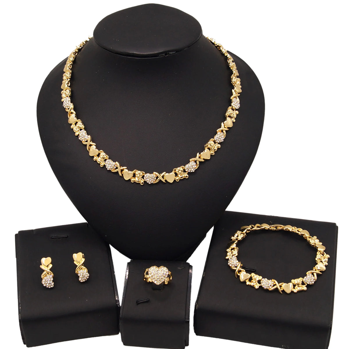 New Design 18 K Gold plating American Diamond Jewelry Set Big Teddy Bear I Love You Hug and Kiss Necklace Set By Trendy Jewels