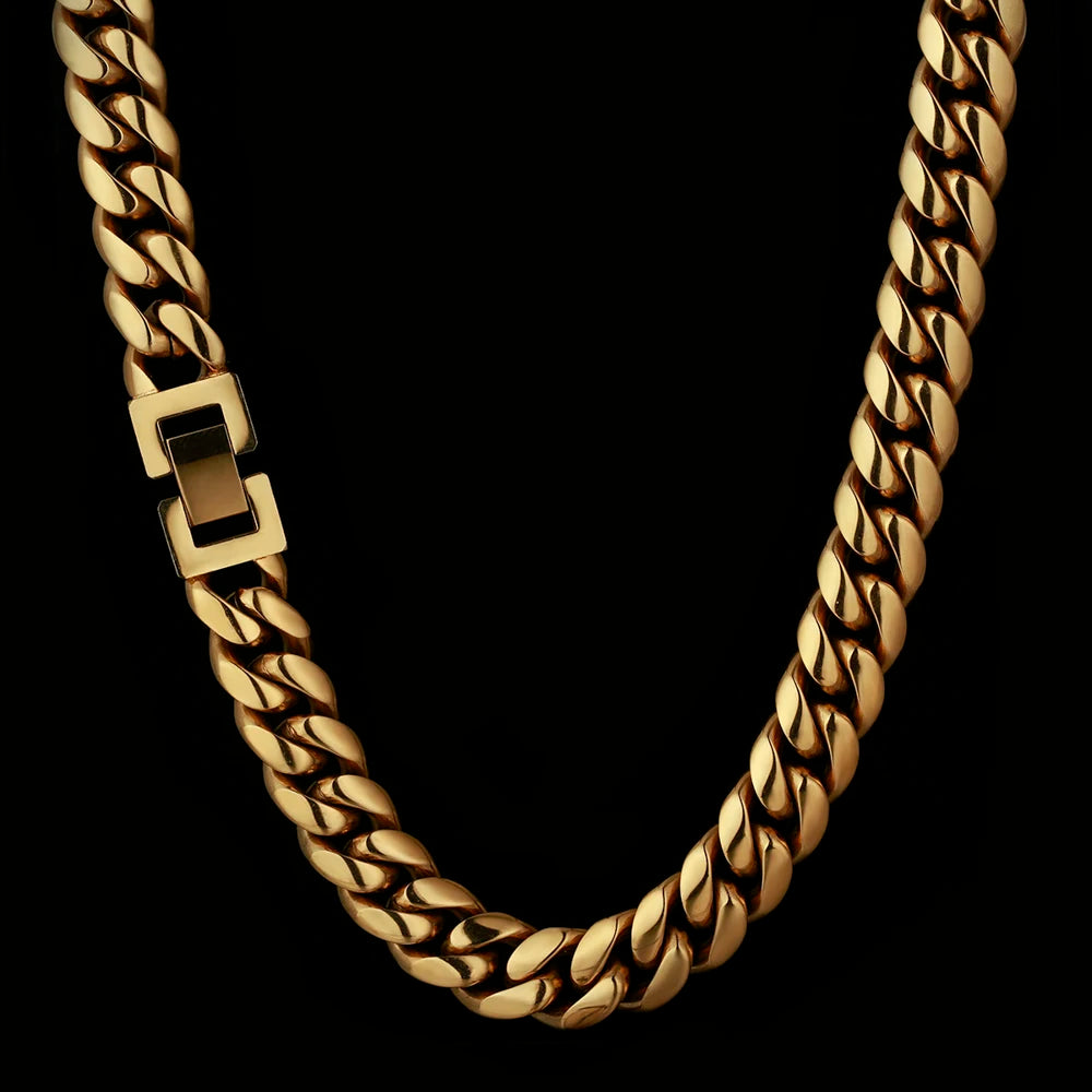 12mm 18K Real Gold Plated Miami Stainless Steel Thick Cuban Link Chain Hiphop Women Jewelry Men Necklace By Trendy Jewels