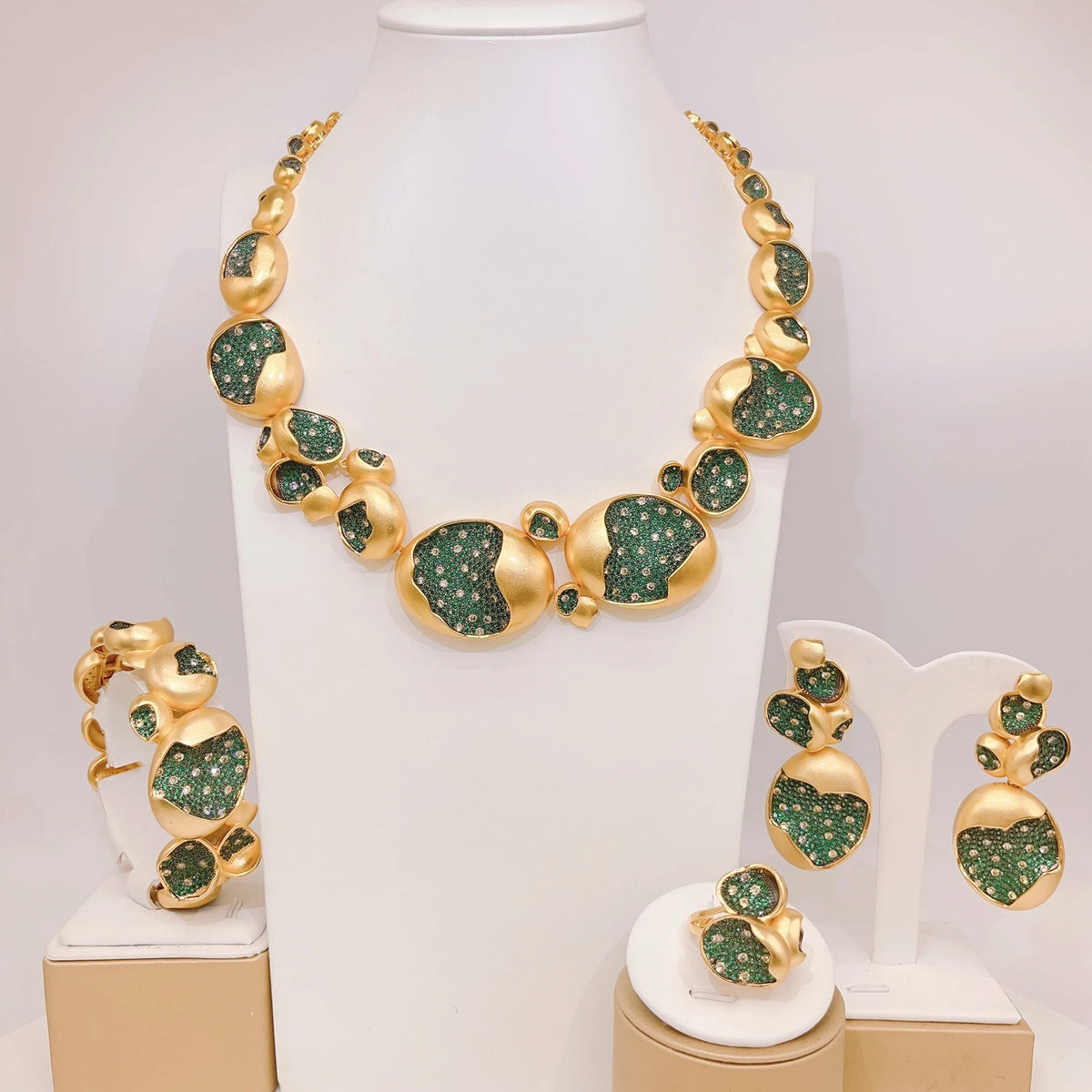 Hot Selling 24K Gold Jewelry Set Exquisite Green Diamond Beads Jewelry Sets Favors Women's Costume Pendant By Trendy Jewels