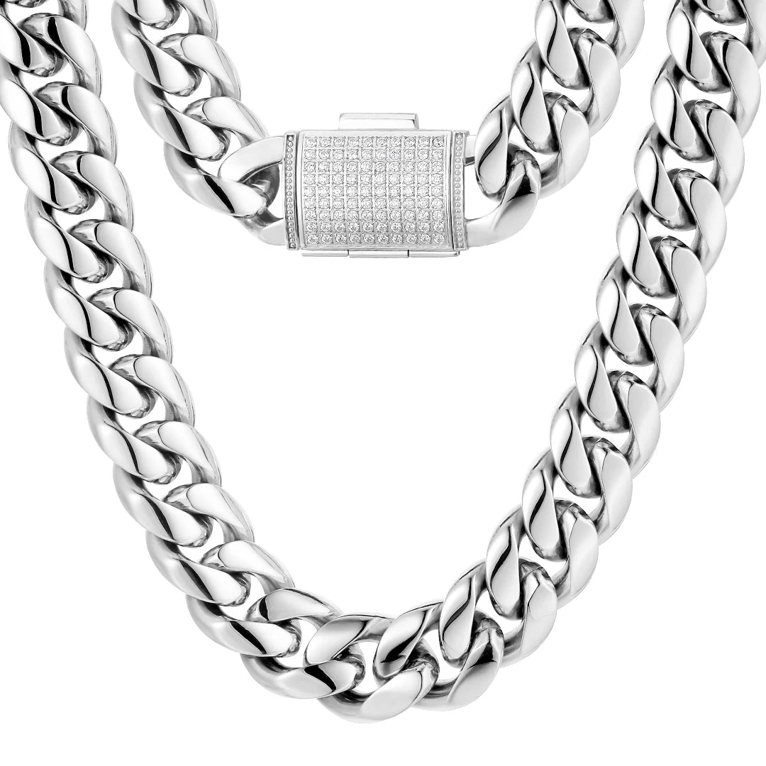 18mm Silver White Gold Plated Miami Stainless Steel Cuban Link Chain Necklaces Jewelry with Iced Clasp By Trendy Jewels