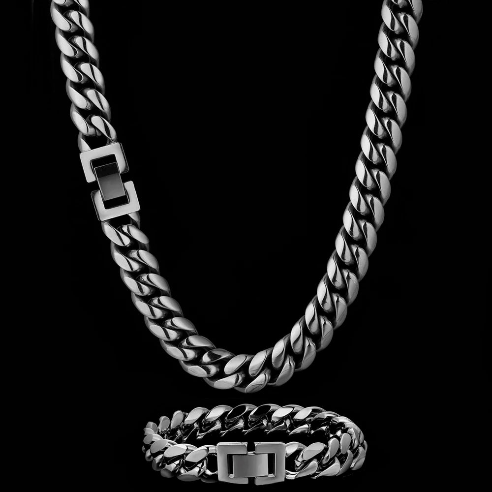 12mm Silver White Gold Plated Miami Stainless Steel Hip Hop Jewelry Cuban Link Chain By Trendy Jewels