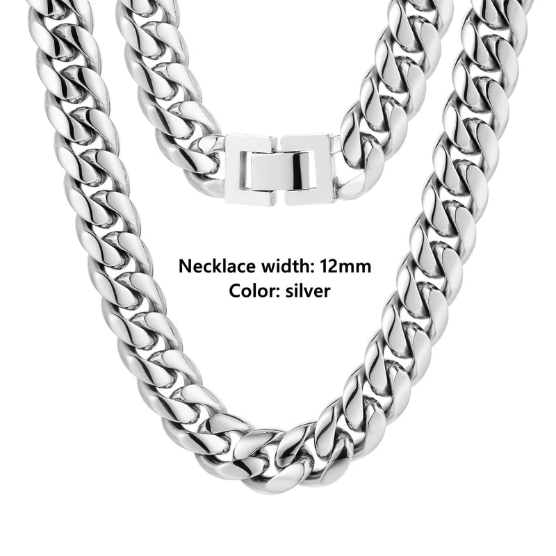 12mm Silver White Gold Plated Miami Stainless Steel Hip Hop Jewelry Cuban Link Chain By Trendy Jewels