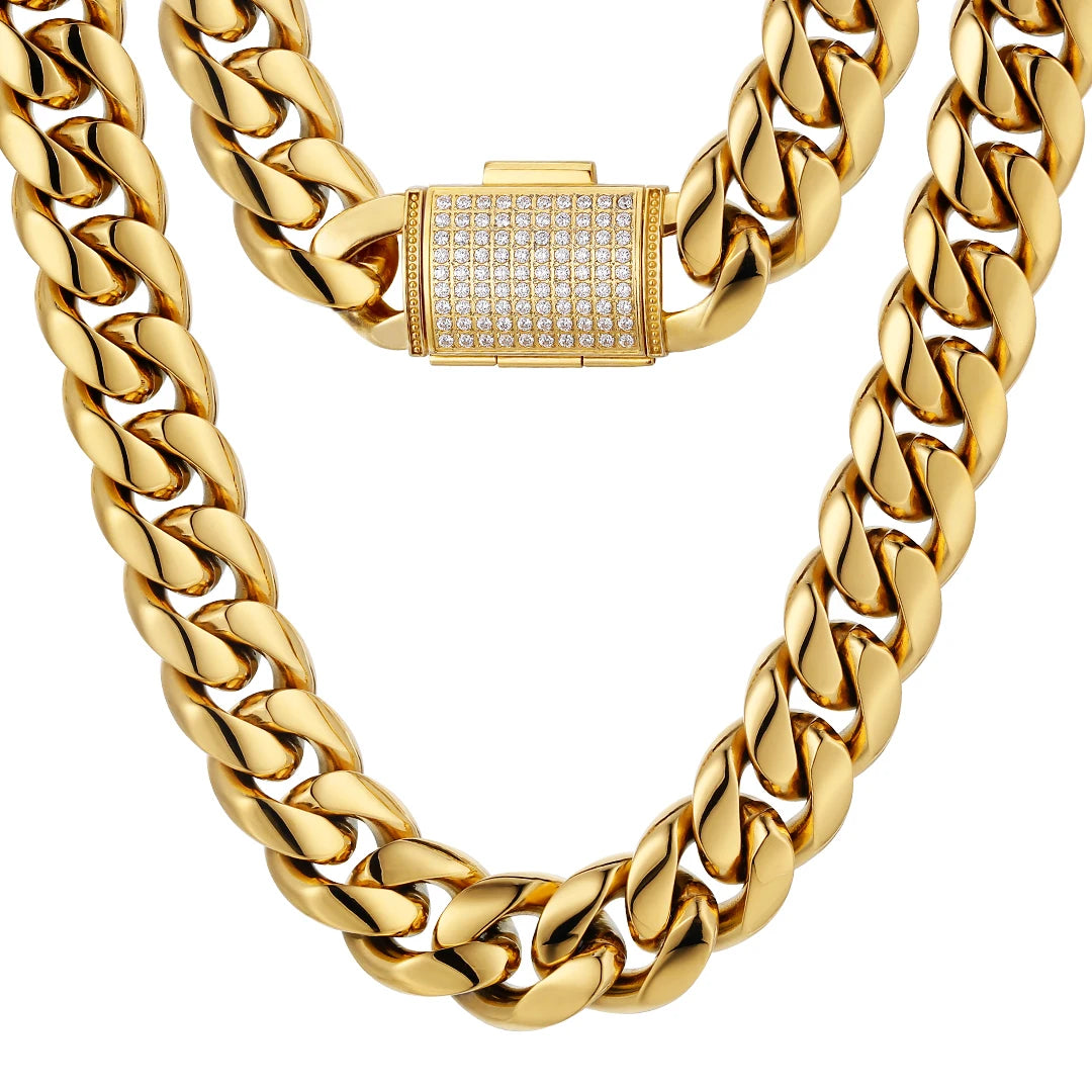 18mm 18K Gold Plated Miami Stainless Steel Cuban Link Chain Necklaces Jewelry with Iced Clasp By Trendy Jewels