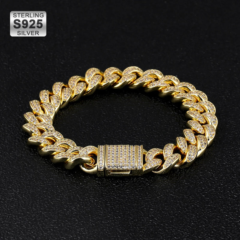 12mm 5A CZ Iced Out Men Bracelet Silver 925 Jewelry 925 Sterling Silver Cuban Link Bracelet By Trendy Jewels