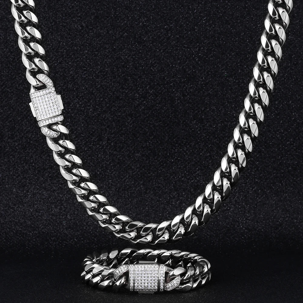 12mm Iced Clasp Silver White Gold Plated Miami Stainless Steel Cuban Link Chain By Trendy Jewels