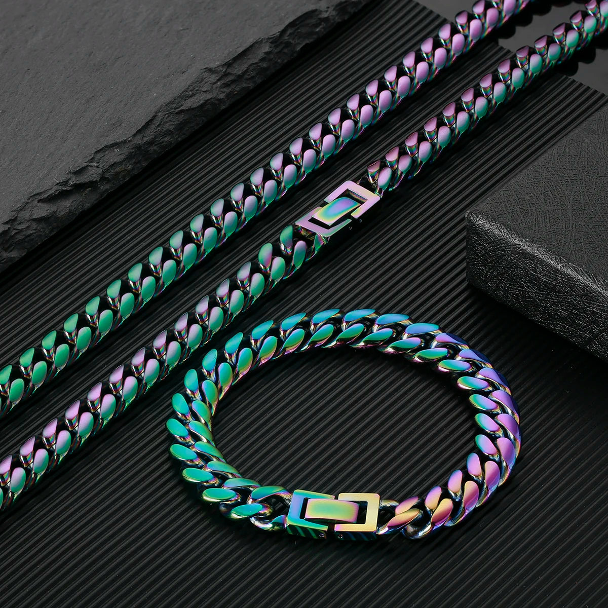 10mm Rainbow Color Men's Jewelry Cuban Stainless Steel Chain Cuban Link Bracelet Hip Hop Men Bracelet By Trendy Jewels