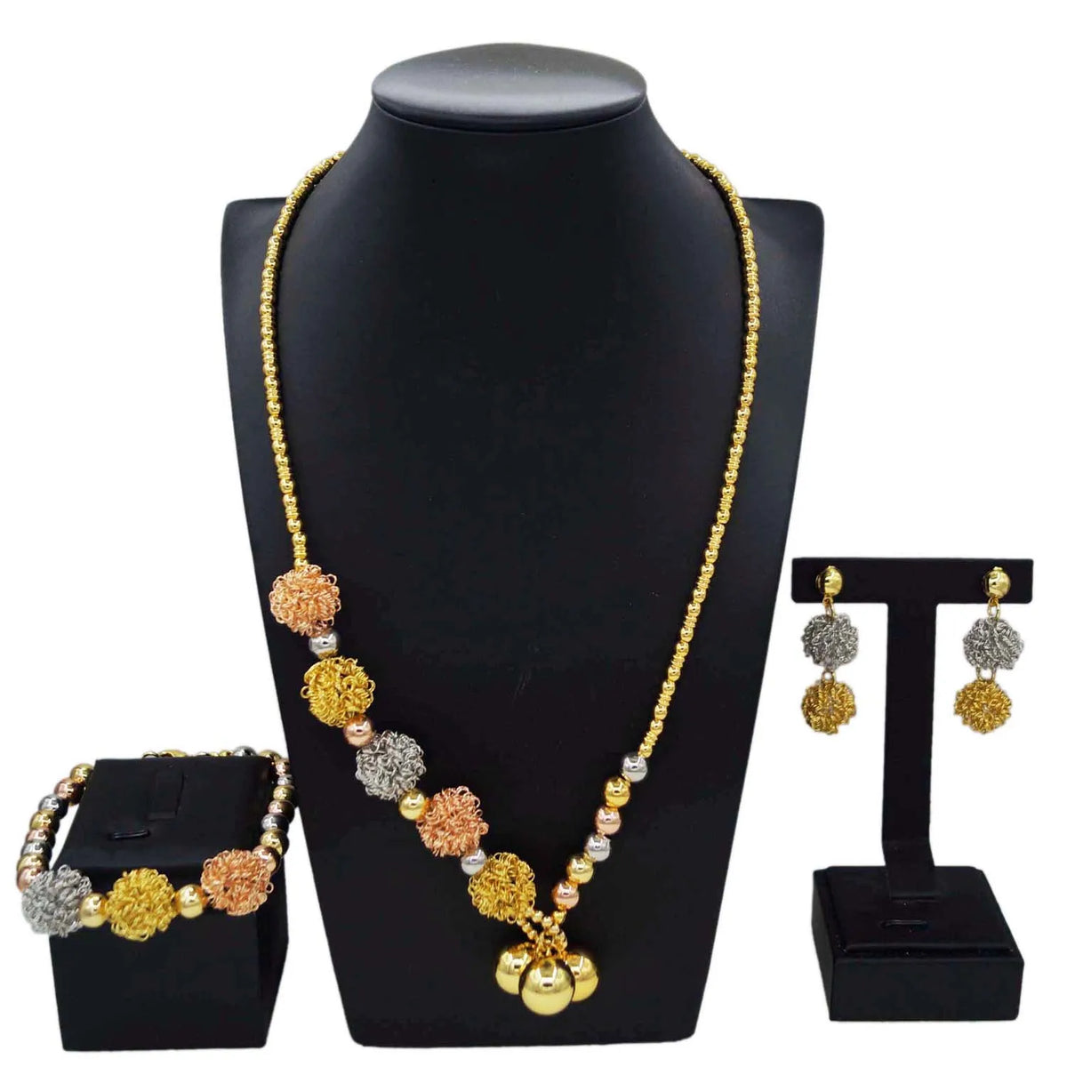 Exquisite Gold Brass Jewelry Sets Three Color Bead Necklace Jewelry Set Available Woman Costume Accessories By Trendy Jewels