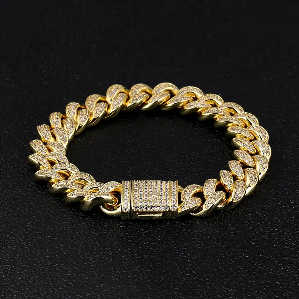 12MM 8inch 14K Gold Plated Bracelet Hip Hop Cubic Zirconia Ice Cuban Link Bracelet By Trendy Jewels