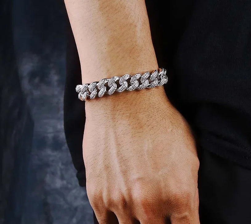 Iced Out Cuban 925 Sterling Silver Bracelet White Fashion Gold Plated 12mm Finished Bracelet Chain & Link Bracelets By Trendy Jewels