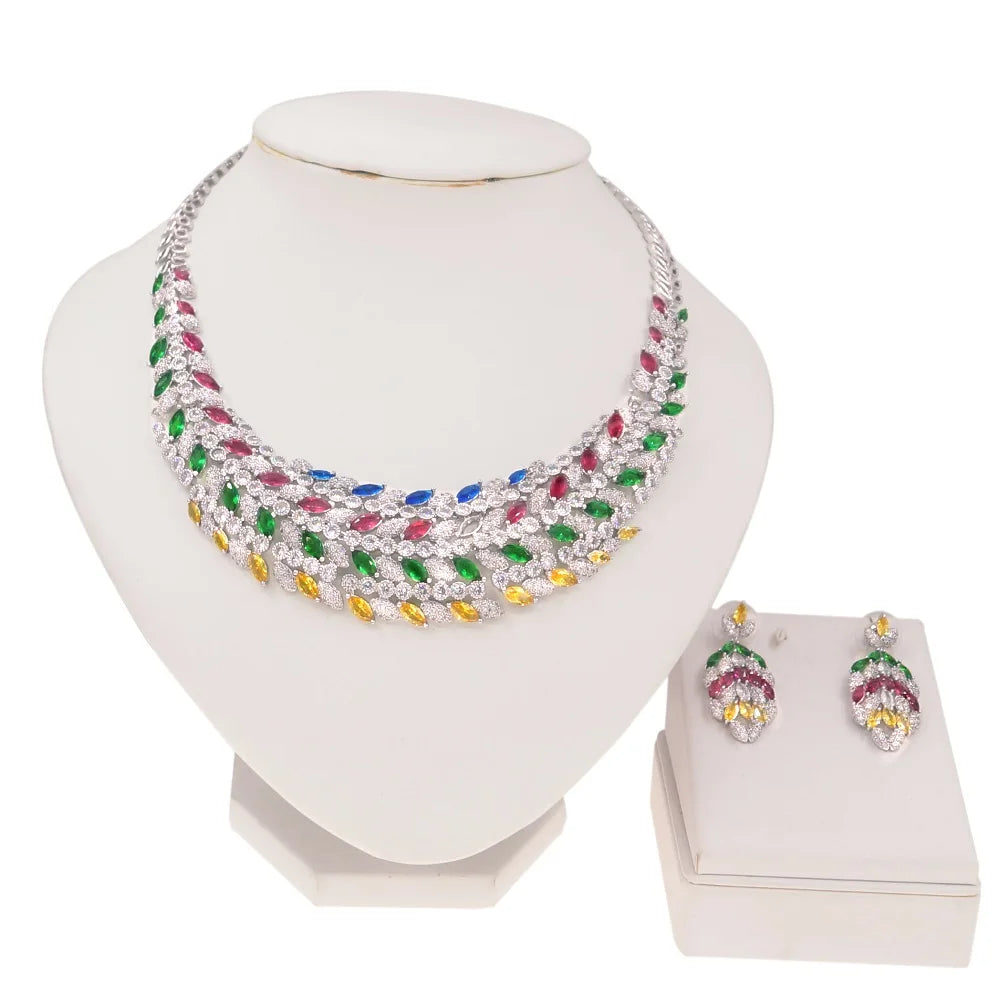 Hot Selling Wedding Gold Jewelry Set Silver Multi Color Diamond Jewelry Sets Simple Women's Festival By Trendy Jewels