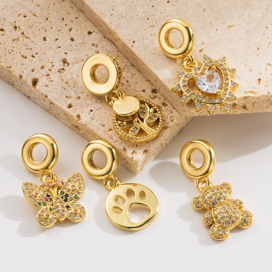 1 Piece Hole 4~4.9mm Copper Zircon 18K Gold Plated Bear Heart Shape Butterfly Pendant By Trendy Jewels